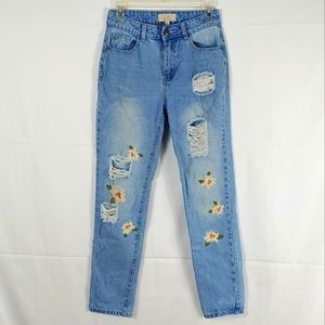 C&V Distressed Embroidered Mom Jeans